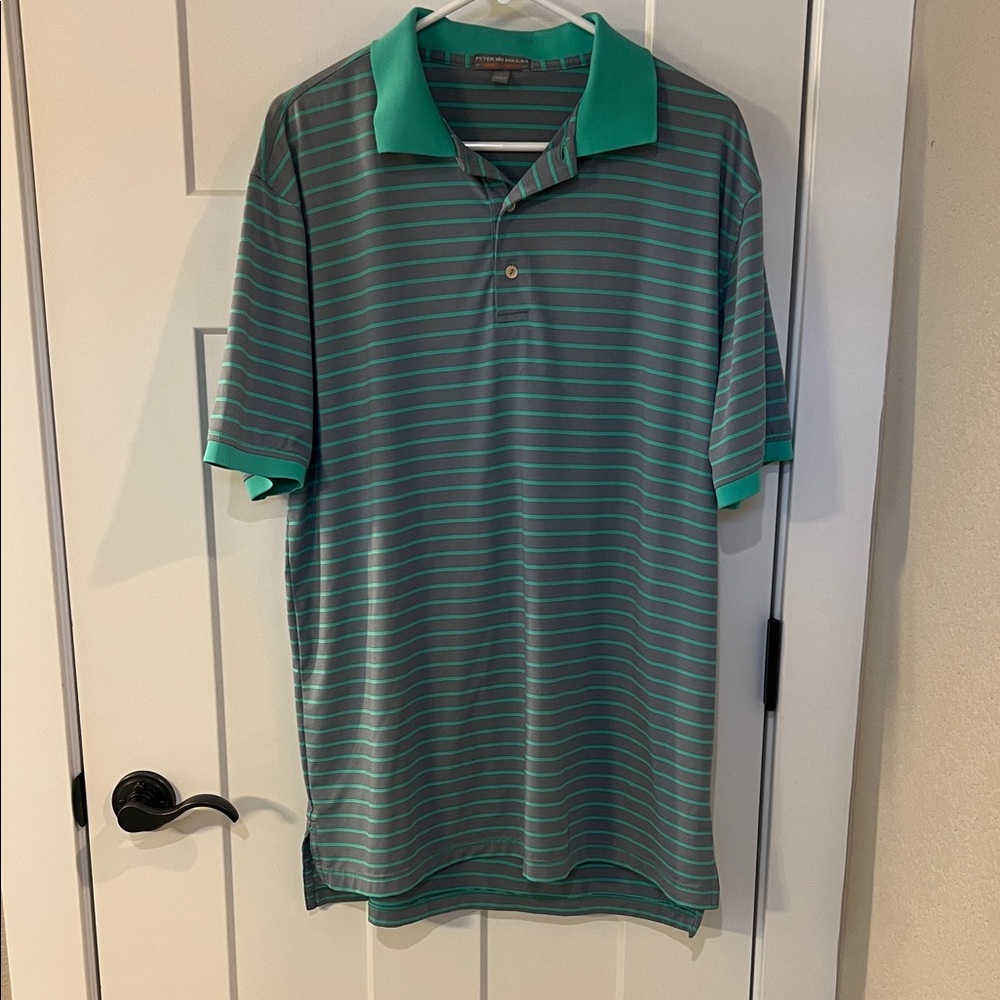 Peter Millar Summer Comfort Polo Shirt Large Green Gray Striped Golf Performance